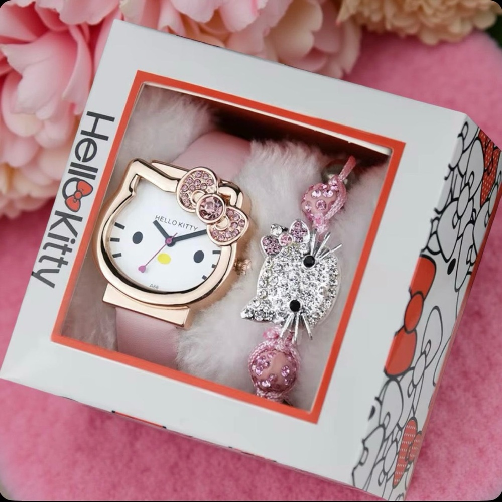 Hello Kitty Watch, Elegant Dial with Cute Pink Bow and Pink Faux Leather Strap